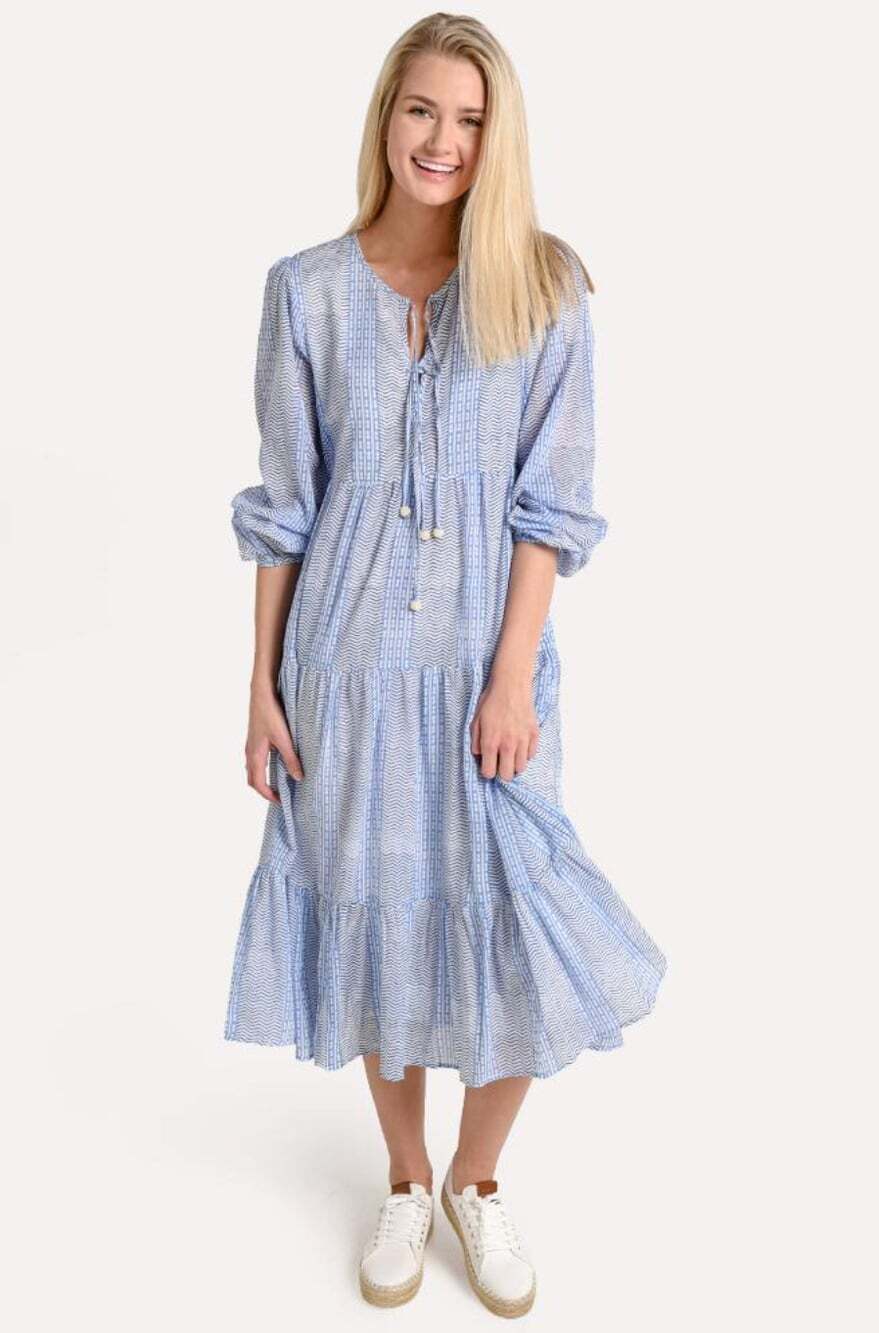 Oliphant Maxi Tiered Dress in Light Blue Size Large 100% Cotton Long Sleeve